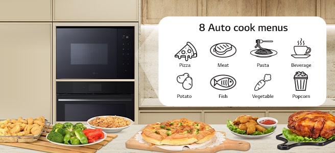 8 food icons which can be cooked with auto cook function of microwave oven.